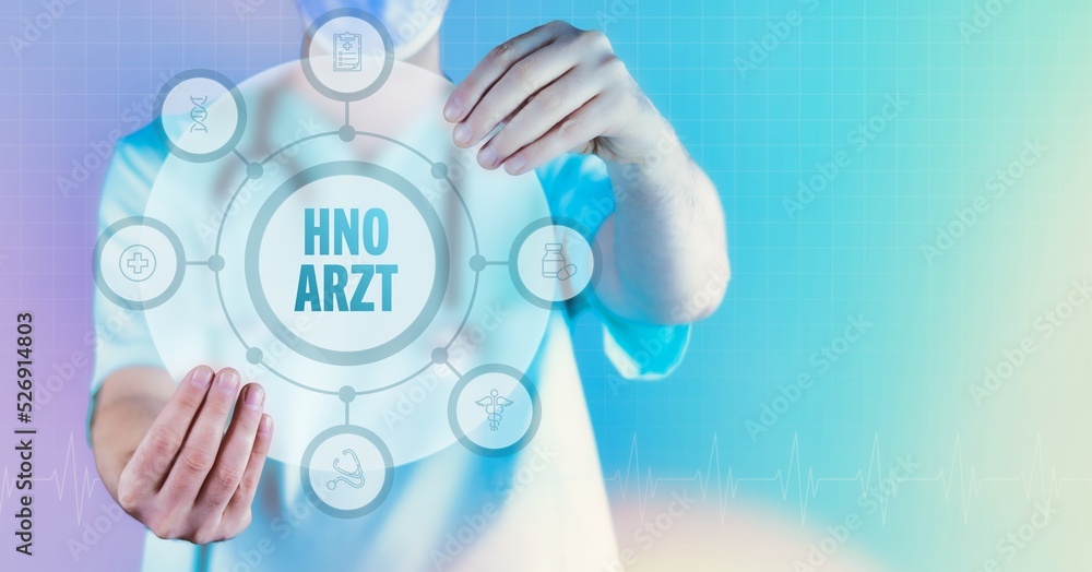 HNO Arzt (Hals-Nasen-Ohren-Arzt). Medizin in der Zukunft. Arzt hält virtuelles Interface mit Text und Icons im Kreis. HNO Arzt (Hals-Nasen-Ohren-Arzt). Medizin in der Zukunft. Arzt hält virtuelles Interface mit Text und Icons im Kreis.