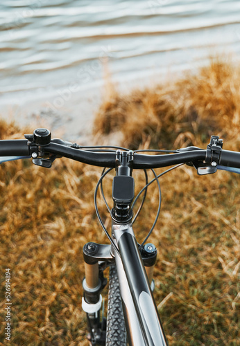 Bicycle on the shore of the lake. concept of travel and outdoor activities at the summer.