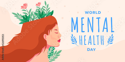 creative world mental health banner illustration with female heads floral inside