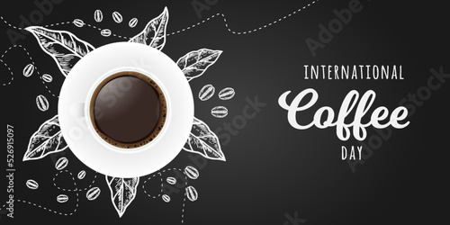 international coffee day banner with leaves, and bean coffee hand drawn