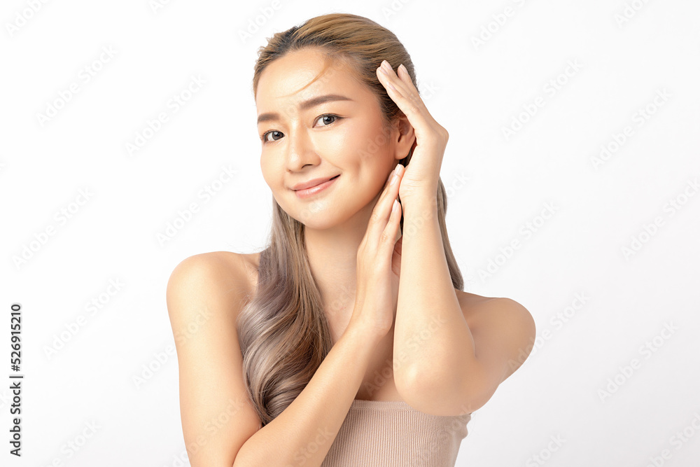 Happy beautiful young asian woman clean fresh bare skin concept. Asian girl beauty face skincare and health wellness, Facial treatment, Perfect skin, Natural make up. Isolated on white background. Happy beautiful young asian woman clean fresh bare skin concept. Asian girl beauty face skincare and health wellness, Facial treatment, Perfect skin, Natural make up. Isolated on white background.