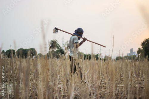 Indian Farmer working in field with blur background. poor indian farmer. Gurugram, Haryana, India