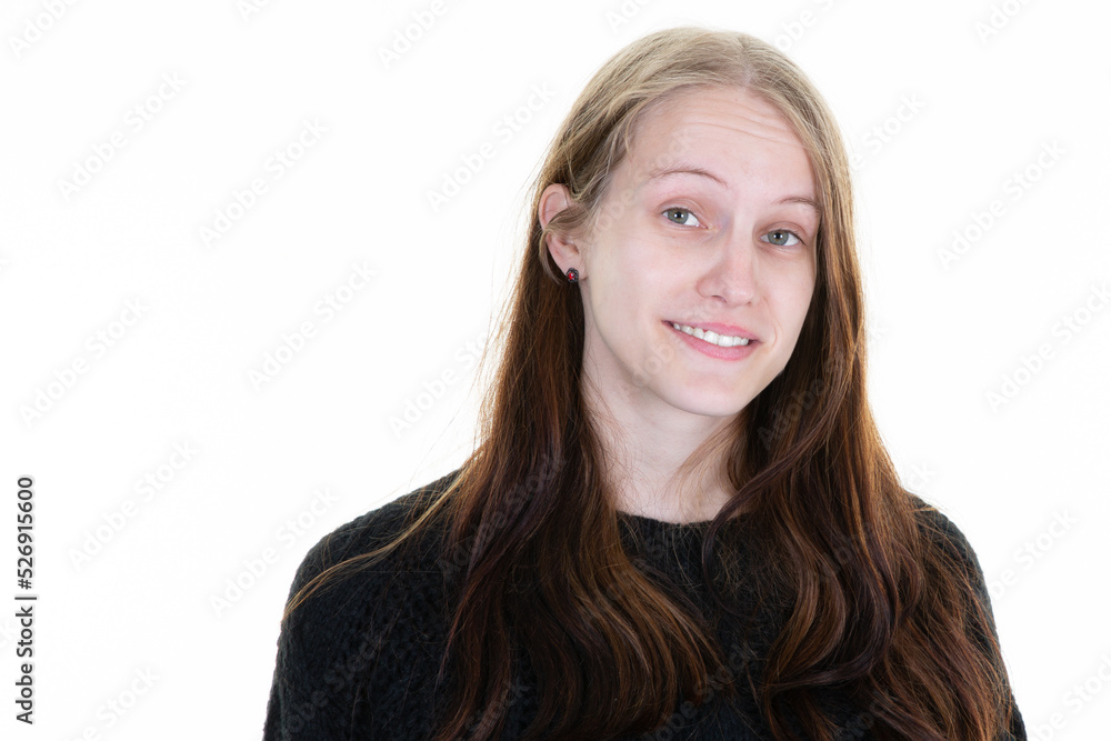 Young beautiful woman with long blonde hair posing natural face on white background Young beautiful woman with long blonde hair posing natural face on white background