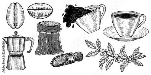 illustration elements coffee branch, coffee bean, cup of coffee, sack of coffee, moka pot
