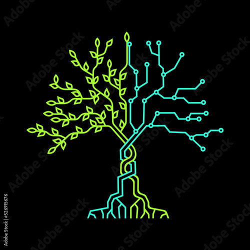 Digital and real tree.  Abstract technology tree.  