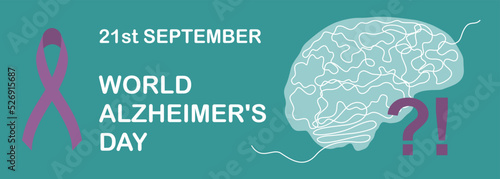 TURQUOISE VECTOR HORIZONTAL BACKGROUND WITH BRAIN SILHOUETTE FOR ALZHEIMER'S DAY