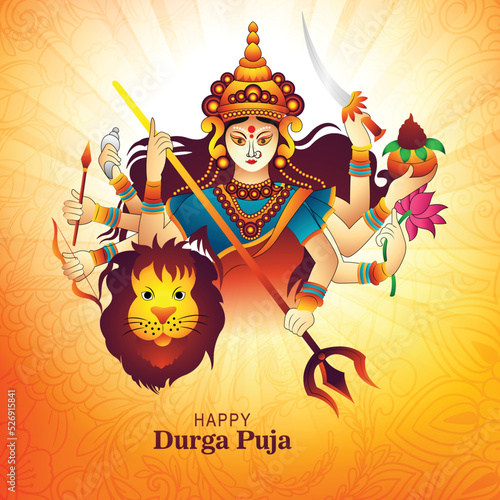 .Illustration of goddess durga face in happy durga puja subh navratri background