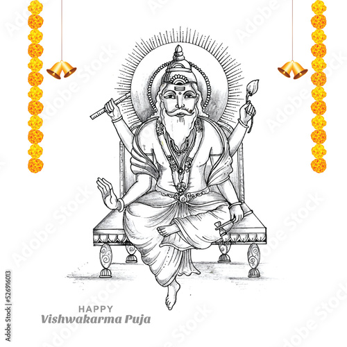 Hand draw hindu god vishwakarma sketch and vishwakarma puja celebration design photo