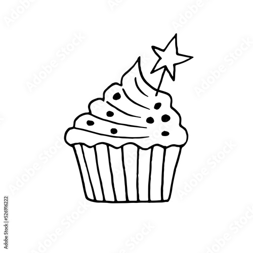 cupcake with star hand drawn in doodle style. sweet holiday dessert.