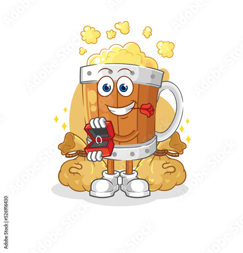 beer mug propose with ring. cartoon mascot vector