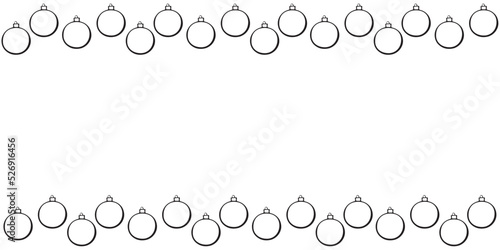 Vector background, frame, border of outline Christmas tree balls. Horizontal top and bottom edging, decoration on theme New Year and xmas. Template for kids creativity