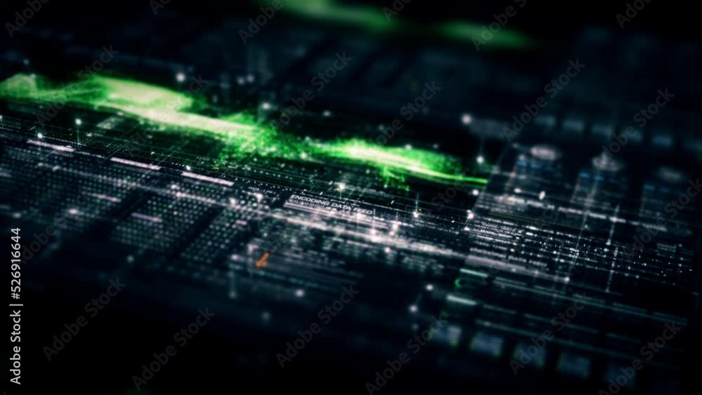 Futuristic abstract de-focus flowing data matrix, meta, metaverse, telemetry and encrypt numbers display with particles simulation in cyber space environment for head up display background