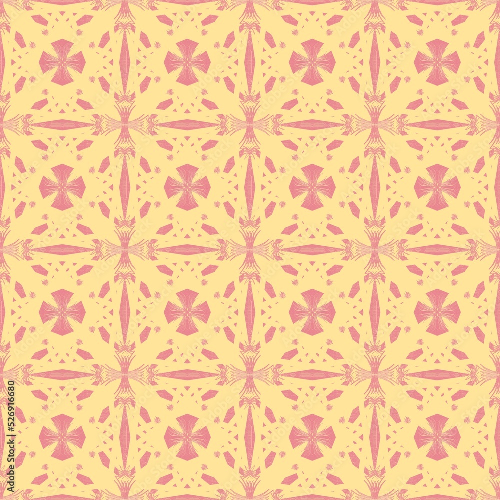 Abstract floral seamless ornament.Abstract pink and yellow  pattern. Ethnic handmade ornament. Design for decorating,background, wallpaper, illustration, fabric, clothing, batik, carpet, embroidery.