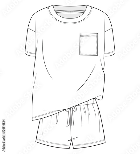 drop shoulder short sleeve crew neck oversize t shirt and drawstring elastic waist band short pant flat sketch vector illustration sleepwear, casual wear, pyjama set cad drawing mockup template.