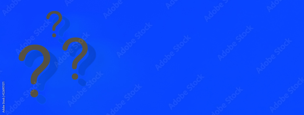 Question marks with shadow on blue background. Technical support. Answers to questions. Banner for insertion into site. Place for text cope space. 3D image. 3D rendering. Question marks with shadow on blue background. Technical support. Answers to questions. Banner for insertion into site. Place for text cope space. 3D image. 3D rendering.