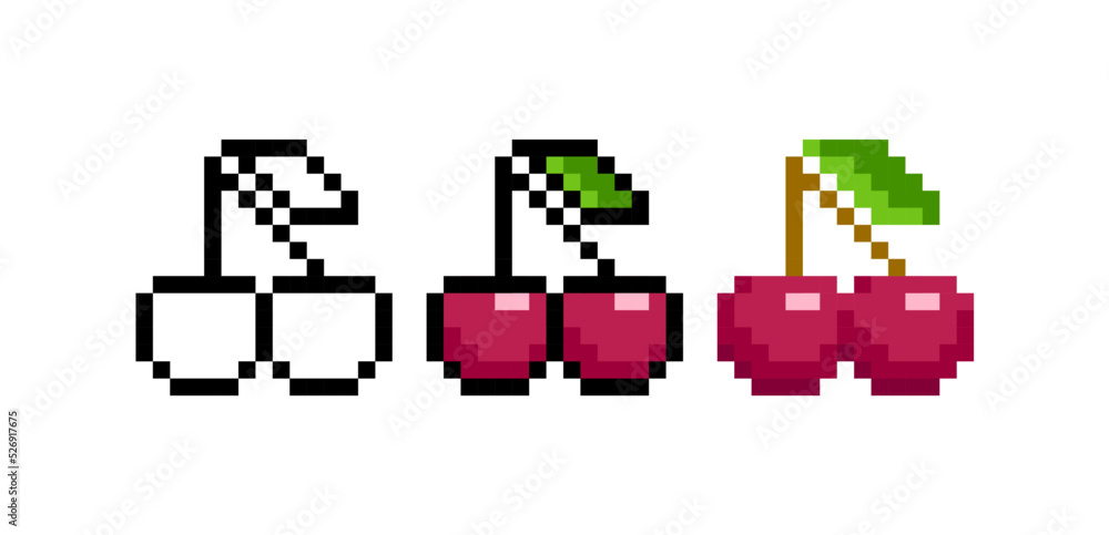 Pixel art cherry fruit game icon. Coloring pixel cherry illustration isolated on white. 8-bit retro game sprite Editable vector Pixel art cherry fruit game icon. Coloring pixel cherry illustration isolated on white. 8-bit retro game sprite Editable vector