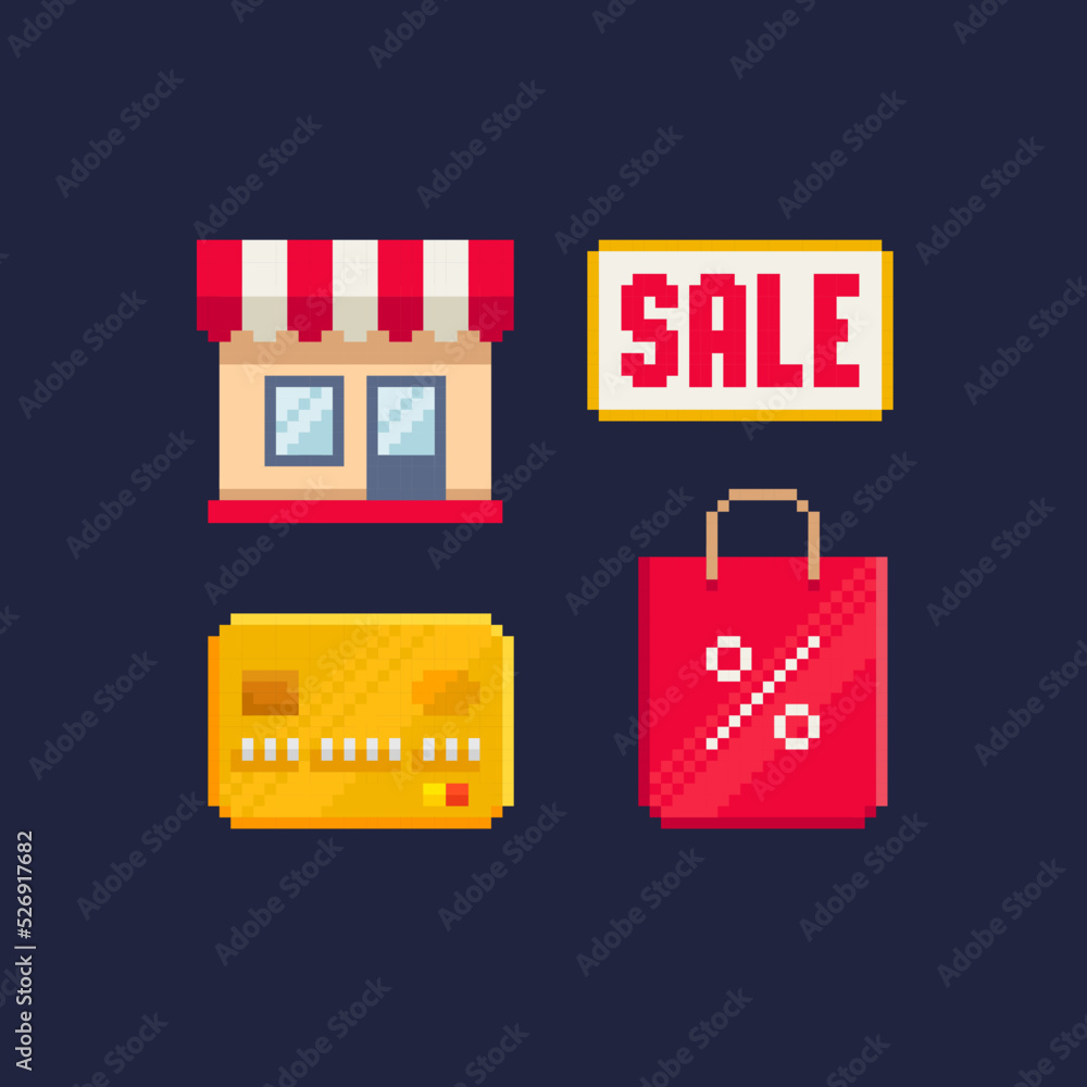 Pixel Art Shopping icons in 8-bit retro game style. Web Store and ...