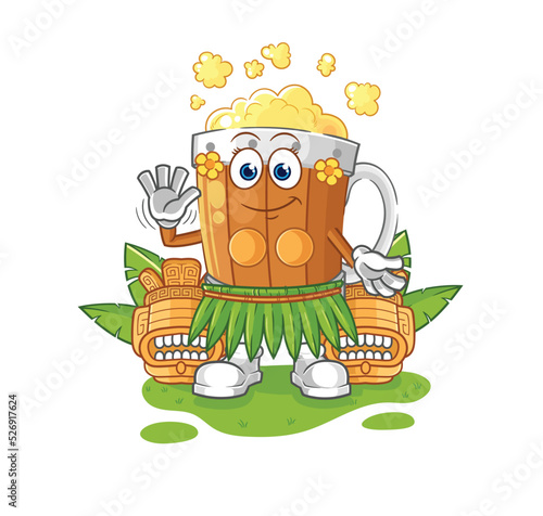 beer mug hawaiian waving character. cartoon mascot vector