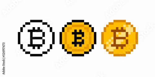 Pixel Art Bitcoin blockchain cryptocurrency gold coin icon - editable vector set. Crypto currency 8 bit game style. Coloring bitcoin icons set.  Digital Cryptocurrency