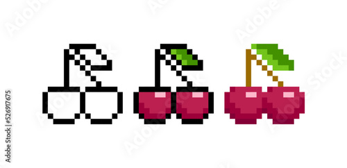 Pixel art cherry fruit game icon. Coloring pixel cherry illustration isolated on white. 8-bit retro game sprite Editable vector