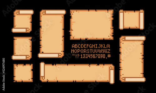 Pixel game vintage ribbons and scrolls. Ancient manuscripts, parchment banners. Pixel Art Treasure maps scroll and antique letters with paper ripped sides. Retro arcade game asset. Editable vector 