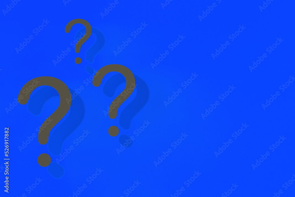 Question marks with shadow on blue background. Technical support. Answers to questions. Horizontal image. 3D image. 3D rendering. Question marks with shadow on blue background. Technical support. Answers to questions. Horizontal image. 3D image. 3D rendering.
