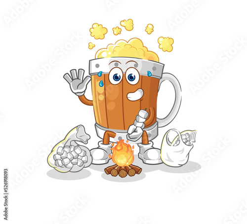 beer mug roasting marshmallows. cartoon mascot vector