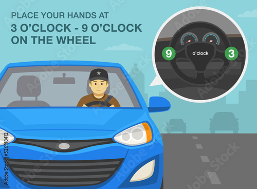 Safe driving tips and rules. Place your hands at 3 o'clock and 9 o'clock on the steering wheel. Safest hand position to hold steering wheel. Flat vector illustration template.