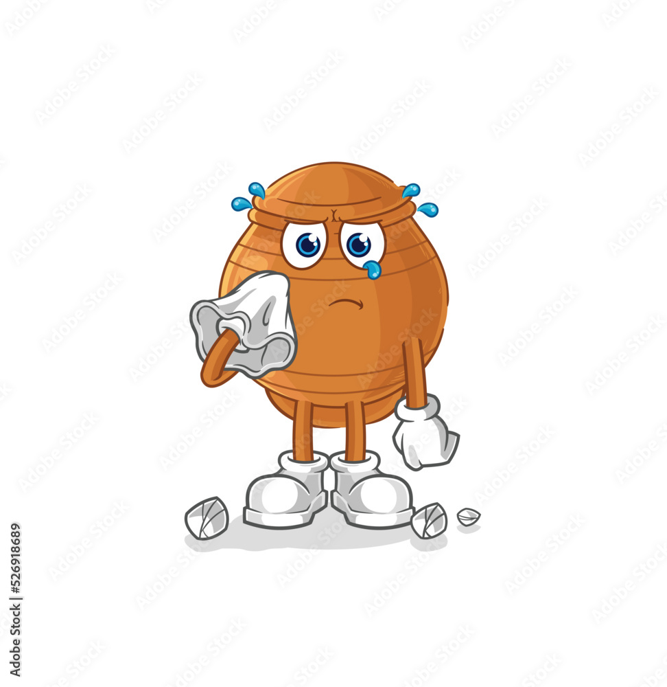 clay pot cry with a tissue. cartoon mascot vector clay pot cry with a tissue. cartoon mascot vector