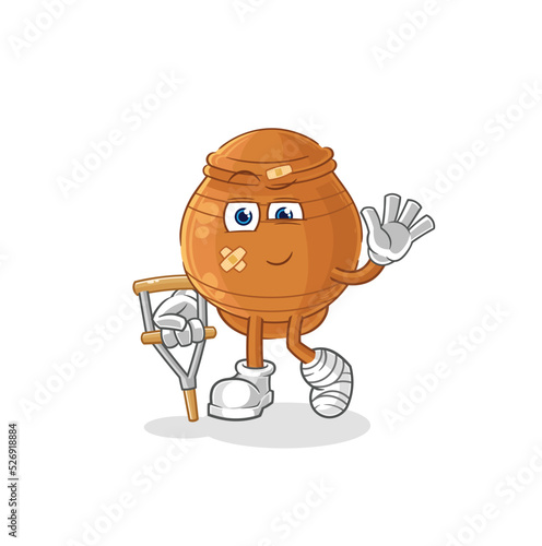 clay pot sick with limping stick. cartoon mascot vector