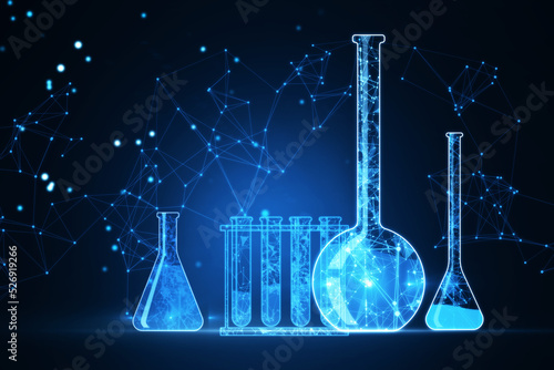 Creative blue scientific background with low poly network and flasks. Genetic research. Genetic engineering. DNA genome. Modern medicine and biotechnology. Human cell biology. 3D Rendering.