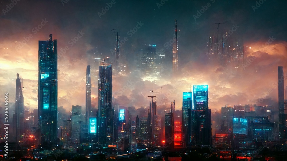 futuristic cityscape skyline cyberpunk lights background HD wallpaper