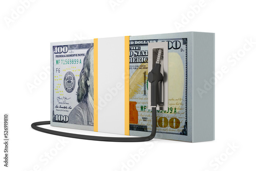 money and nozzle fuel on white background. Isolated 3D illustration