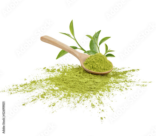 Green matcha powder in a spoon with tea leaves isolated on transparent background. (.PNG) photo