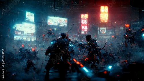 futuristic battlefield fight scene cyberpunk lights HD rendering streets