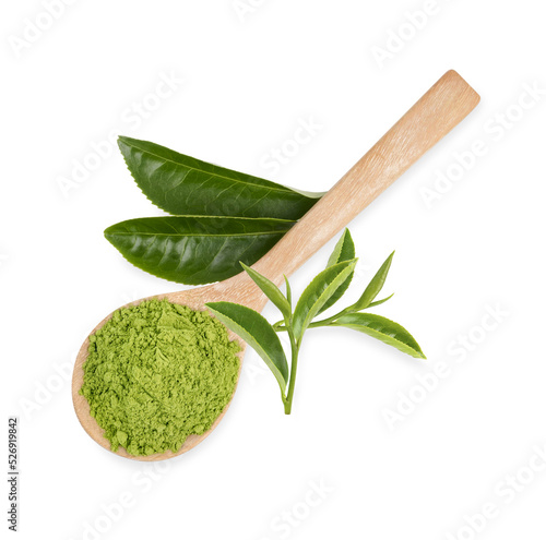 Green matcha powder in a spoonisolated on transparent background. (.PNG) photo