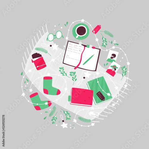 The idea of coziness and comfort in the winter season. The idea of planning and dreaming in the Christmas and New Year holidays. Banner on the theme of holidays for Christmas. Flat vector illustration