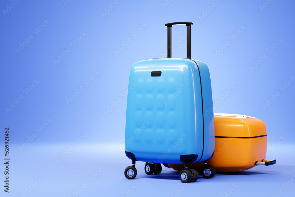 Close-up of luxurious blue and yellow plastic suitcases on a blue background. Travel vacation vacation concept. 3d illustration Close-up of luxurious blue and yellow plastic suitcases on a blue background. Travel vacation vacation concept. 3d illustration