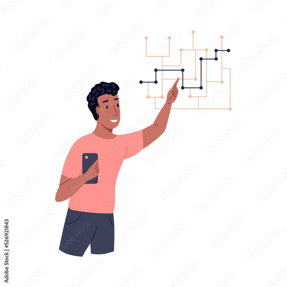 A man finds his way through a puzzle. The concept of a logical type of thinking, business ideas. Flat vector illustration A man finds his way through a puzzle. The concept of a logical type of thinking, business ideas. Flat vector illustration