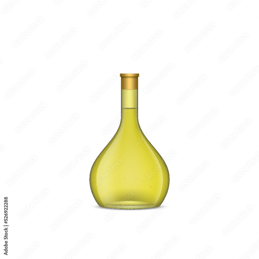 Olive oil or wine glass bottle on white background. Realistic green mockup of extra virgin olive oil