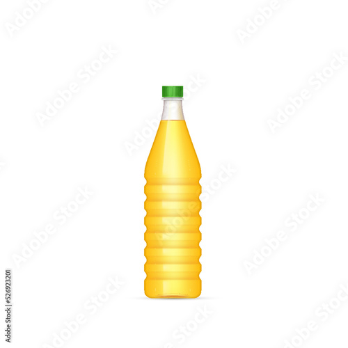 Sunflower oil in plastic bottle. Realistic package of vegetable sun flower or corn fat for cooking