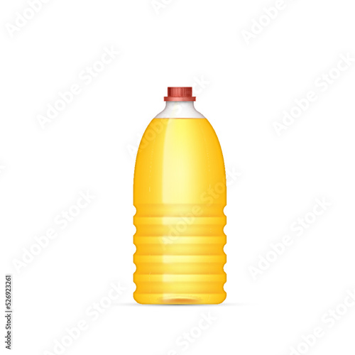 Sunflower oil plastic bottle. Yellow sunflower oil food. Vegetarian organic ingredient for cooking