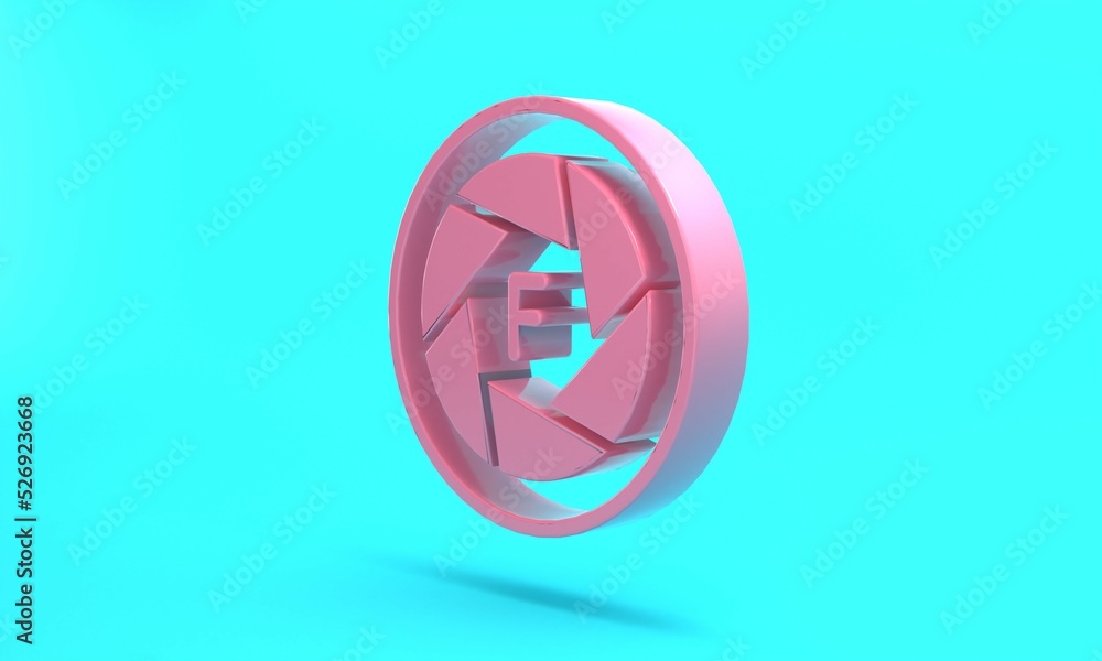 Pink Camera shutter icon isolated on turquoise blue background. Minimalism concept. 3D render illustration Pink Camera shutter icon isolated on turquoise blue background. Minimalism concept. 3D render illustration