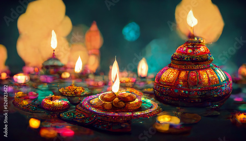 illustation of Diwali festival of lights tradition Diya oil lamps against dark background © slonme