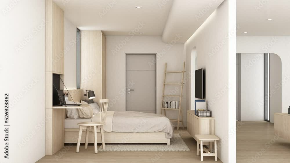 build up creation room The walls are decorated in white tones with wooden materials, Arc built-in cabinets and wooden arches on parquet floors. bedroom and living room apartment. 3d render animation build up creation room The walls are decorated in white tones with wooden materials, Arc built-in cabinets and wooden arches on parquet floors. bedroom and living room apartment. 3d render animation