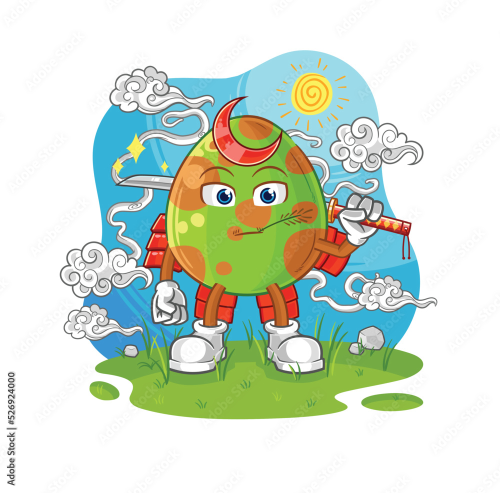 Obraz premium dinosaur egg samurai cartoon. cartoon mascot vector