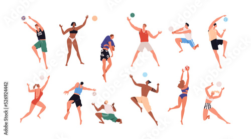 Men, women playing summer beach volleyball set. Volley ball players in action during active sport game. People in bikini at beachvolley. Flat graphic vector illustrations isolated on white background