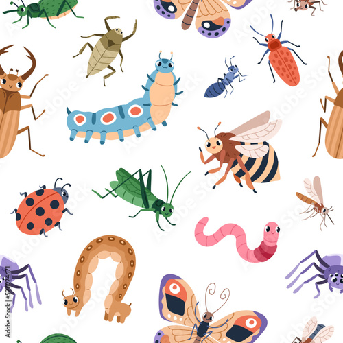 Seamless childish pattern with cute happy insects. Endless background with funny beetles, bugs, worms repeating print. Kids texture with bee, ladybug, butterfly. Colorful flat vector illustration