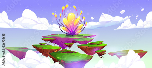 Fantasy flower on alien planet landscape, magic plant grow on flying island above clouds in blue sky. Cartoon game background with unusual fairy tale or extraterrestrial nature, Vector illustration