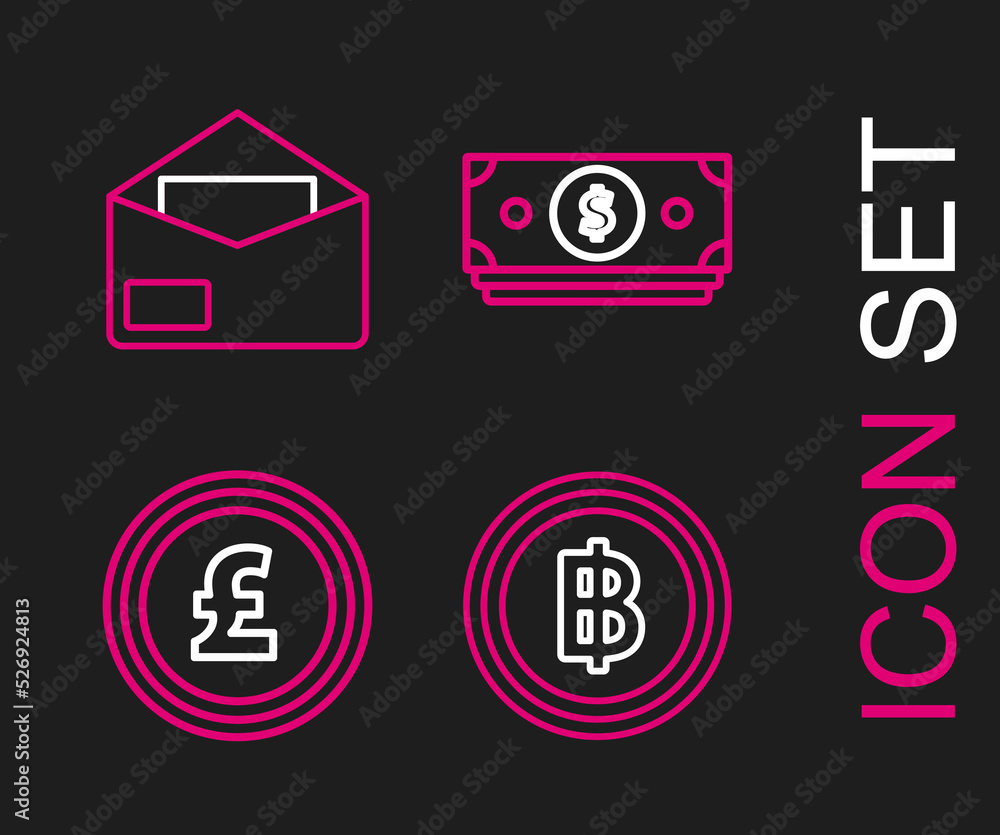 Set line Cryptocurrency coin Bitcoin, Coin money with pound sterling symbol, Stacks paper cash and Envelope icon. Vector Set line Cryptocurrency coin Bitcoin, Coin money with pound sterling symbol, Stacks paper cash and Envelope icon. Vector